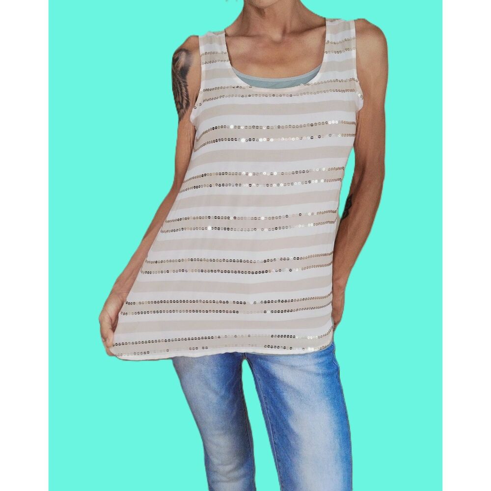 LOFT White Beige Striped Sequin Sheer Sparkle Tank Top XS Party Beach Summer